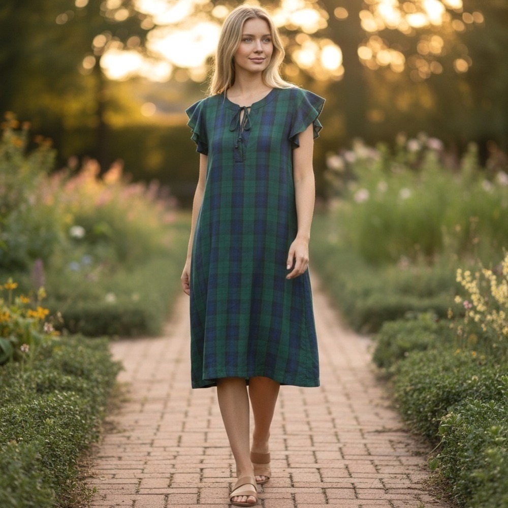 Vineyard Vines Dress Womens Small Blackwatch Plaid Flutter Sleeve Tie Neck
